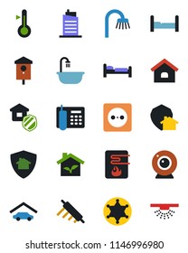 Color and black flat icon set - bed vector, bird house, office phone, garage, bedroom, bathroom, city, estate insurance, rolling pin, eco, socket, water heater, web camera, thermometer, home protect