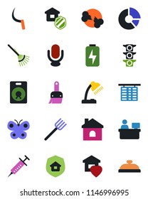 Color and black flat icon set - flight table vector, manager place, circle chart, farm fork, rake, butterfly, house, sickle, syringe, broken bone, traffic light, microphone, speaker, themes, charge