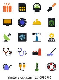 Color and black flat icon set - trowel vector, rake, watering can, stethoscope, tomography, satellite antenna, monitor, speaker, rca, mobile camera, sim, fingerprint id, sun panel, heater, factory