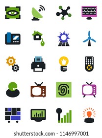 Color and black flat icon set - bulb vector, monitor pulse, support, consolidated cargo, satellite antenna, tv, remote control, share, cellular signal, statistics, printer, home, intercome, eye scan