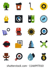 Color and black flat icon set - left arrow vector, sun, book, coffee, tree, molecule, folder document, compass, office building, ink pen, chair, panel, estate search, ladle, water, money bag