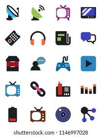 Color and black flat icon set - satellite antenna vector, vinyl, news, tv, gamepad, equalizer, dialog, speaker, headphones, radio phone, chain, low battery, play button, archive chest, social media