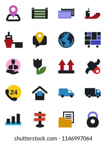 Color and black flat icon set - signpost vector, navigation, earth, satellite, 24 hours, client, mobile tracking, sea shipping, cargo container, car delivery, port, consolidated, folder document