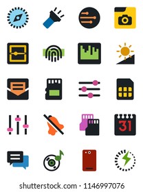 Color and black flat icon set - phone back vector, message, tuning, mail, scanner, sd, sim, network, calendar, torch, mute, brightness, compass, fingerprint id, music, photo gallery, charge