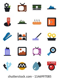 Color and black flat icon set - taxi vector, luggage storage, checkroom, flower in pot, rake, plant label, heart diagnostic, route, railroad, tv, gallery, stapler, mountains, city house, bread
