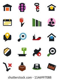 Color and black flat icon set - satellite vector, traffic light, client, mobile tracking, sea shipping, term, warehouse storage, no trolley, hook, tulip, package, sorting, shield, heavy, scales