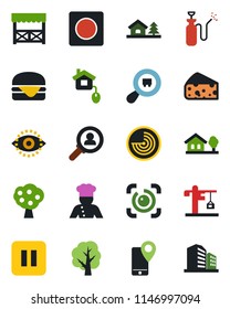 Color and black flat icon set - radar vector, tree, garden sprayer, mobile tracking, search cargo, pause button, record, eye id, house with, fruit, crane, cook, alcove, hamburger, cheese, consumer
