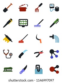 Color and black flat icon set - pen vector, garden fork, shovel, rake, watering, pruner, hoe, sickle, knife, monitor pulse, stethoscope, blood pressure, paper clip, stapler, rolling pin
