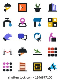Color and black flat icon set - fence vector, arrival, baby room, plane globe, checkroom, office building, seedling, glove, navigation, dialog, menu, scanner, application, water supply, city house