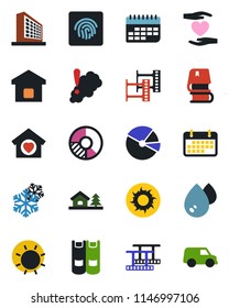 Color and black flat icon set - office building vector, book, circle chart, sun, heart hand, term, film frame, fingerprint id, pie graph, house with tree, sweet home, smart, snowflake, water, car