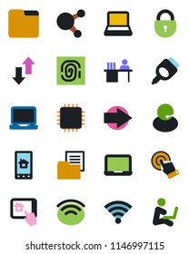 Color and black flat icon set - right arrow vector, lock, notebook pc, support, folder document, touch screen, laptop, share, hdmi, data exchange, wireless, manager desk, chip, home control app