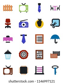 Color and black flat icon set - cafe vector, tv, office chair, abacus, stamp, fence, garden light, real heart, cargo container, umbrella, radio, cut, tie, restaurant table, chip