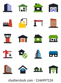 Color and black flat icon set - airport tower vector, barrier, office building, house, store, warehouse storage, with tree, garage, estate document, city, crane, factory, insurance, cafe