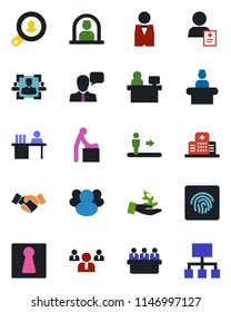 Color and black flat icon set - escalator vector, female, baby room, reception, handshake, team, meeting, manager place, hospital, patient, speaker, group, fingerprint id, hr, desk, client search