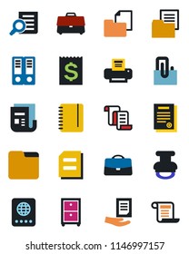 Color and black flat icon set - passport vector, contract, office binder, document search, notepad, receipt, folder, news, case, paper clip, printer, archive box, stamp
