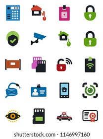 Color and black flat icon set - fence vector, alarm car, identity card, hose, shield, sd, lock, eye id, home control, wireless, app, combination, pass, surveillance, certificate