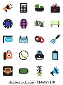 Color and black flat icon set - bomb in case vector, garden fork, bench, traffic light, camera, chain, battery, mobile, mail, printer, rooms, phone, salad, cash, calculator, advertising