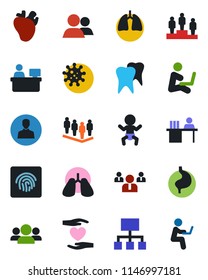 Color and black flat icon set - baby vector, pedestal, team, manager place, heart hand, stomach, lungs, real, tooth, virus, group, user, fingerprint id, desk, hierarchy, man with notebook