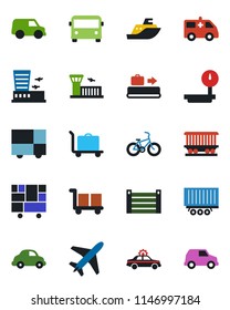 Color and black flat icon set - plane vector, baggage conveyor, trolley, airport bus, alarm car, building, ambulance, bike, railroad, sea shipping, truck trailer, delivery, container, heavy scales