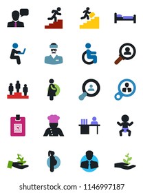 Color and black flat icon set - baby vector, bed, pedestal, disabled, doctor, pregnancy, client, speaker, identity card, manager desk, career ladder, search, cook, consumer, palm sproute