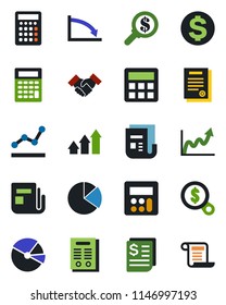 Color and black flat icon set - dollar sign vector, receipt, news, calculator, pie graph, point, handshake, contract, arrow up, growth, crisis, money search