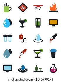 Color and black flat icon set - hot cup vector, water drop, dropper, flammable, monitor, alcohol, drink, cocktail, filter, sprinkler, flask