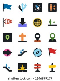 Color and black flat icon set - elevator vector, escalator, right arrow, wind, radar, route, signpost, pin, download, place tag, compass, flag, guidepost