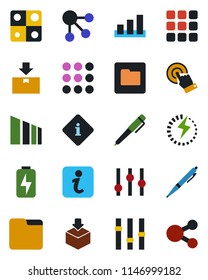 Color and black flat icon set - package vector, sorting, settings, touch screen, menu, folder, charge, application, pen, information, social media