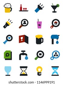 Color and black flat icon set - bulb vector, heart diagnostic, fragile, search cargo, torch, document, water supply, estate, alcohol, wine card, cocktail, phyto bar, beer, consumer, sand clock