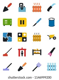 Color and black flat icon set - security gate vector, safe, trowel, farm fork, rake, wheelbarrow, saw, hoe, garden knife, scalpel, oil barrel, rack, pause button, application, paper clip, heater