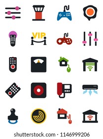 Color and black flat icon set - airport tower vector, radar, stamp, scales, gamepad, remote control, rec button, tuning, air conditioner, vip zone, home, intercome, garage gate