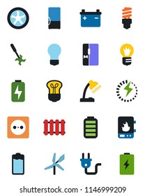 Color and black flat icon set - bulb vector, ripper, battery, charge, desk lamp, fridge, socket, power plug, fan, water heater, radiator, energy saving, windmill