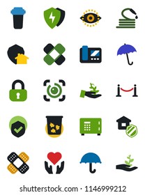 Color and black flat icon set - fence vector, umbrella, trash bin, safe, hose, patch, heart hand, shield, protect, eye id, lock, estate insurance, intercome, water filter, home, palm sproute
