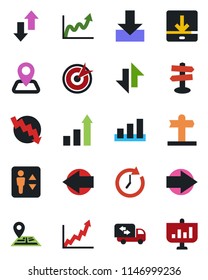 Color and black flat icon set - elevator vector, right arrow, left, growth statistic, crisis graph, signpost, navigation, sorting, data exchange, download, moving, target, clock, presentation