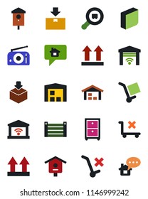 Color and black flat icon set - bird house vector, container, cargo, up side sign, no trolley, package, search, radio, blank box, archive, warehouse, garage gate control, home message