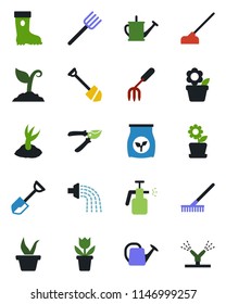 Color and black flat icon set - job vector, flower in pot, garden fork, shovel, farm, rake, seedling, watering can, sproute, pruner, boot, hoe, sprayer, fertilizer, irrigation