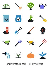 Color and black flat icon set - job vector, shovel, farm fork, rake, watering can, wheelbarrow, sproute, hoe, plant label, pumpkin, greenhouse, seeds, fertilizer, fruit tree, irrigation