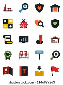 Color and black flat icon set - statistic monitor vector, contract, lady bug, plant label, blood test vial, heart diagnostic, shield, warehouse, package, search cargo, application, sertificate, flag