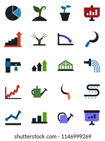 Color and black flat icon set - growth statistic vector, seedling, watering can, sproute, sickle, greenhouse, drip irrigation, bar graph, pie, point, arrow up, crisis, presentation