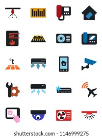 Color and black flat icon set - plane radar vector, barcode, root setup, air conditioner, smart home, water heater, intercome, control app, warm floor, surveillance, sprinkler