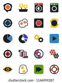 Color and black flat icon set - contract vector, circle chart, stamp, play button, fast forward, record, eye id, update, pie graph, target, washer, flower in pot, omelette, gear, crisis management