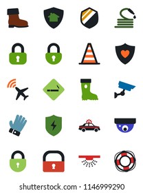 Color and black flat icon set - plane radar vector, smoking place, alarm car, border cone, lock, glove, boot, hose, heart shield, protect, home, surveillance, sprinkler, crisis management