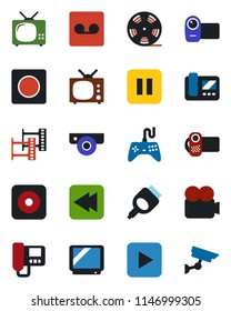 Color and black flat icon set - film frame vector, reel, gamepad, tv, video camera, play button, pause, rewind, rec, hdmi, record, web, intercome, surveillance