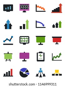 Color and black flat icon set - growth statistic vector, presentation board, monitor, pulse, clipboard, bar graph, pie, point, hierarchy, arrow up, crisis