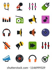 Color and black flat icon set - vinyl vector, microphone, radio, speaker, loudspeaker, settings, equalizer, headphones, fast forward, rca, tuning, mute, music