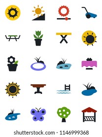 Color and black flat icon set - sun vector, flower in pot, lawn mower, butterfly, pond, picnic table, brightness, pool, fruit tree, restaurant, alcove