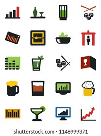 Color and black flat icon set - security gate vector, barcode, equalizer, scanner, monitor statistics, bar graph, alcohol, wine card, drink, cocktail, phyto, beer, salad, sushi, growth