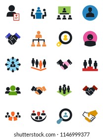 Color and black flat icon set - handshake vector, hierarchy, pedestal, team, patient, user, company, meeting, client search, group