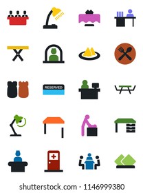 Color and black flat icon set - baby room vector, reception, medical, desk, manager place, picnic table, lamp, meeting, restaurant, serviette, cafe, reserved, salt and pepper