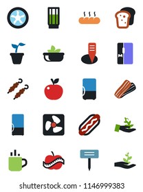 Color and black flat icon set - hot cup vector, seedling, plant label, diet, fridge, drink, salad, bacon, bread, kebab, dog, apple fruit, fan, palm sproute